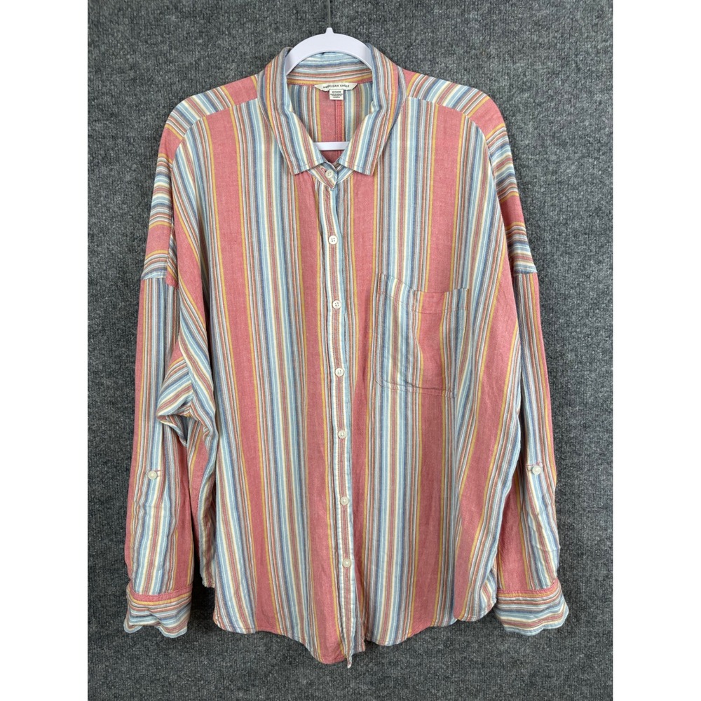 American Eagle Button Front Shirt Womens XL Pink Striped Excellent Linen Blend